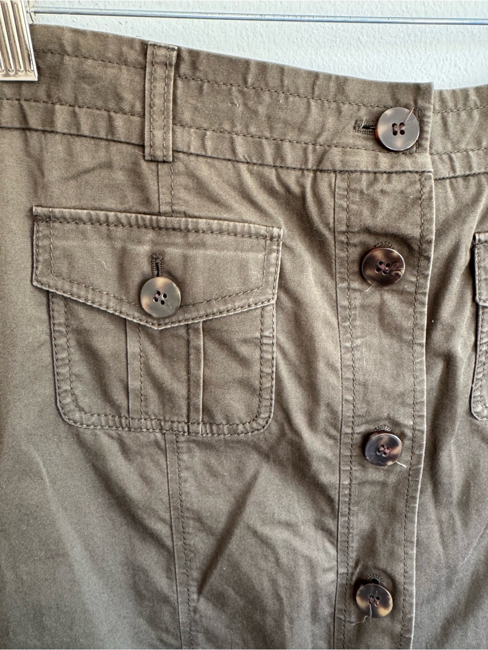 Utility Cargo Button Front Midi Skirt Olive Green Safari Style - Picture 4 of 10
